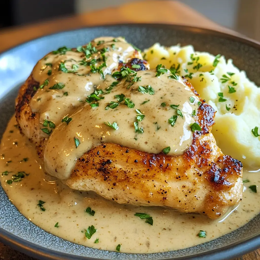 Chicken with creamy dijon sauce and mashed potatoes