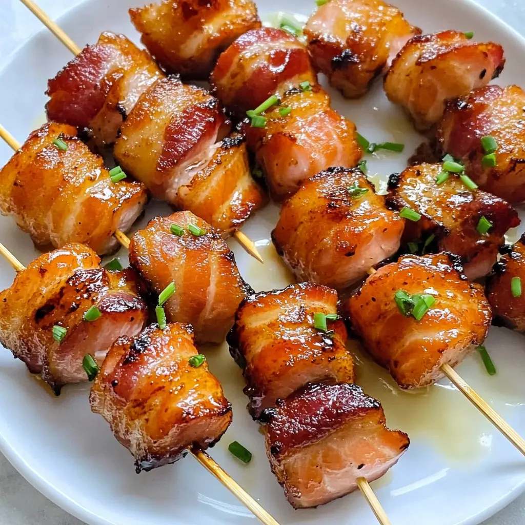 Maple Bourbon Bacon Wrapped Salmon Bites