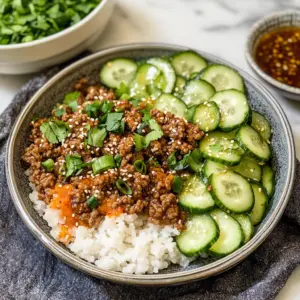 Spicy Keto Korean Ground Beef with Cucumber Salad