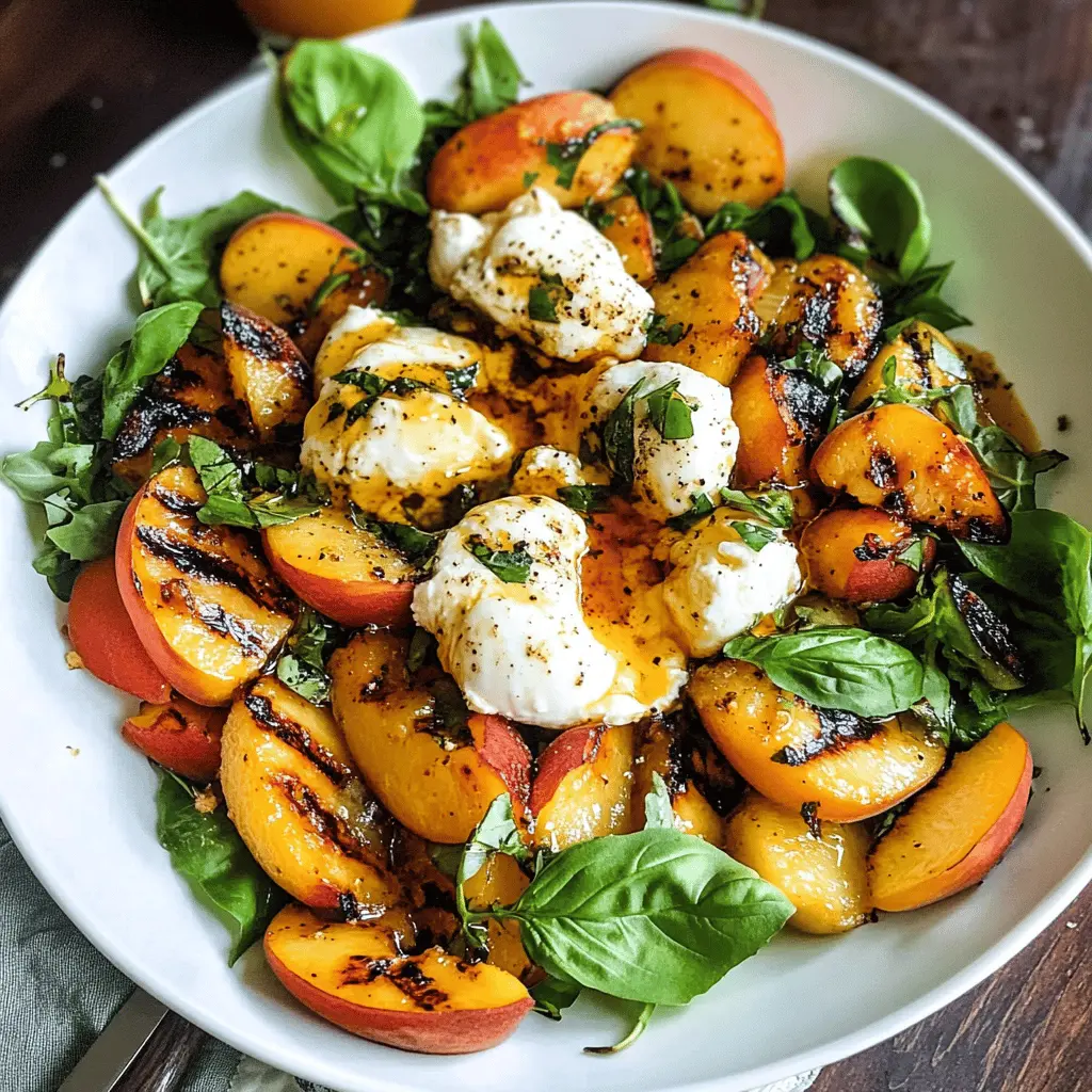 Fresh, juicy peaches and creamy burrata come together in this delightful grilled salad! Bursting with flavor, this dish is perfect for summer gatherings or a light weeknight dinner. The combination of sweet peaches and rich burrata drizzled with balsamic glaze is a must-try. Save this recipe for your next outdoor feast or family meal!