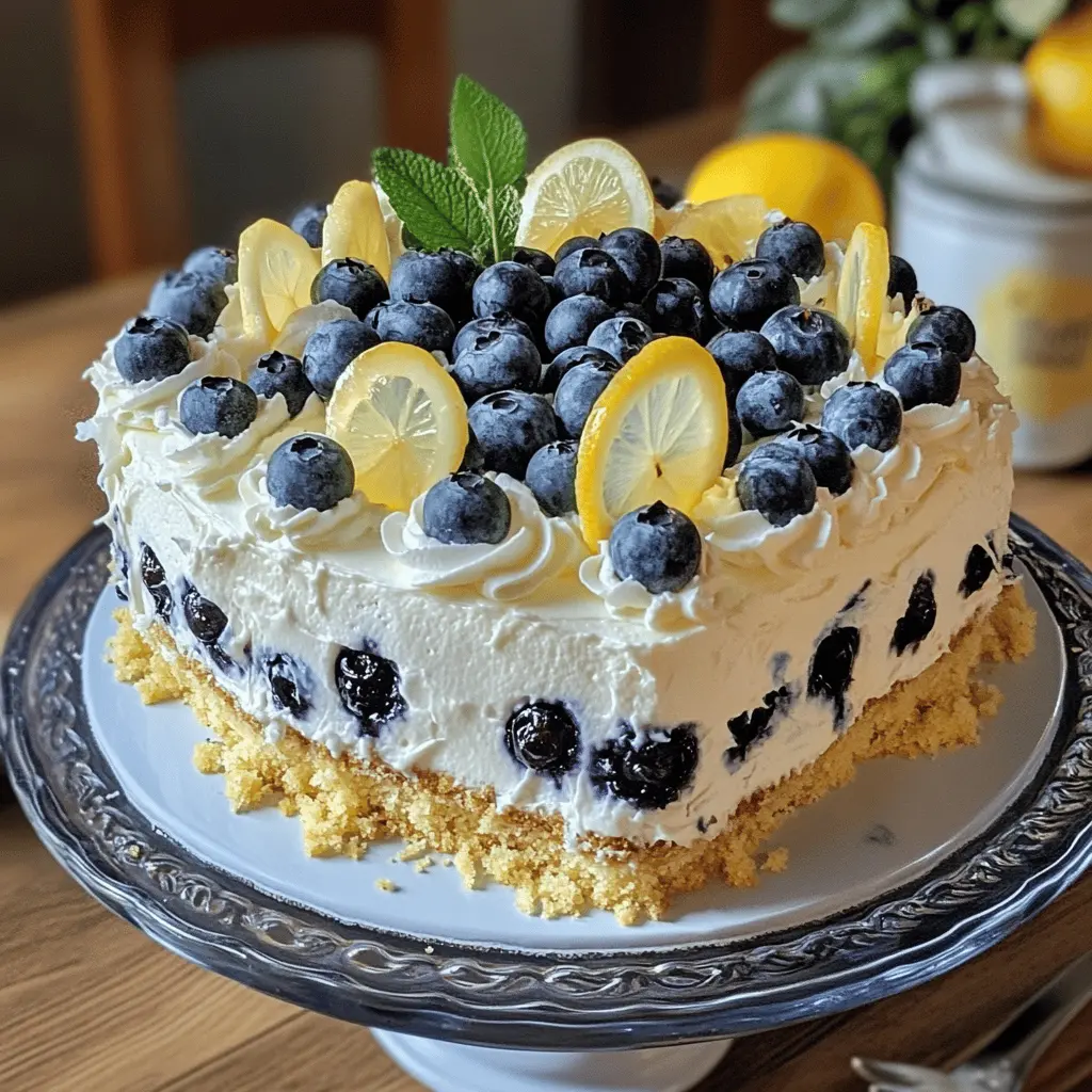 Brighten up your dessert table with this No-Bake Lemon Dazzling Blueberry Cream Cake! Featuring layers of creamy lemon filling and fresh blueberries, this delightful treat is perfect for summer gatherings or any special occasion. It's simple to make and requires no baking! Save this delicious recipe for an easy, refreshing dessert that everyone will love!